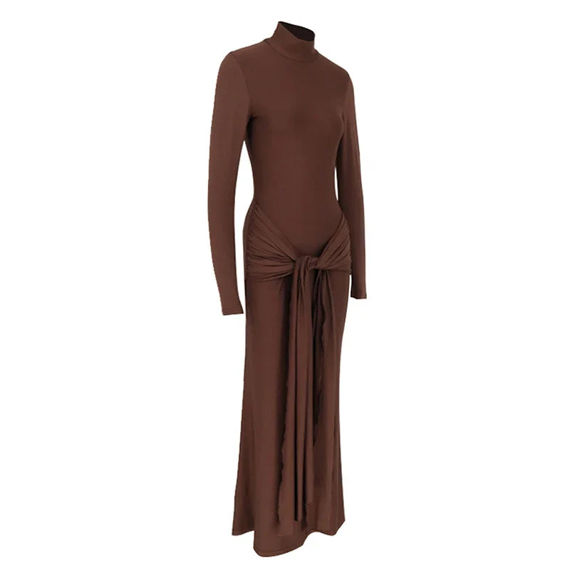 שמלת מקסי צווארון גולך בעיצוב כיווצים וקשירה - מרגריטה