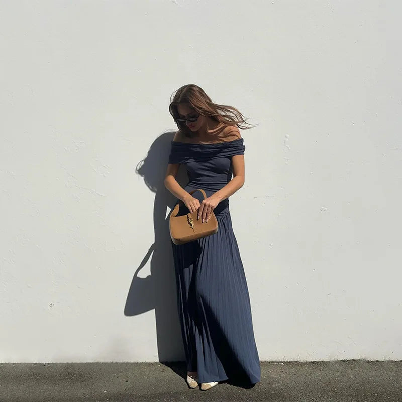 שמלת מקסי סרוגה כיווצים אלגנטית כתפיים חשופות - אלינור