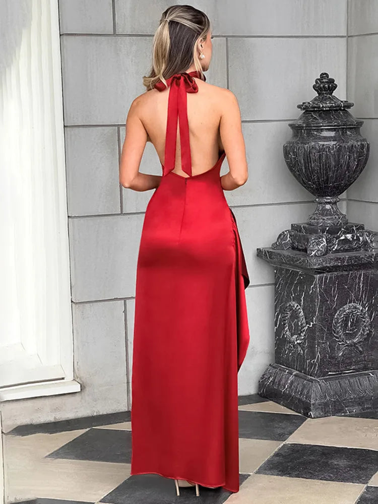 שמלת מקסי סאטן גב פתוח בעיצוב קולר ושסע  - נסטיה