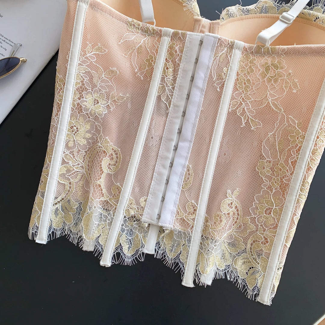 Lace corset with pin closure