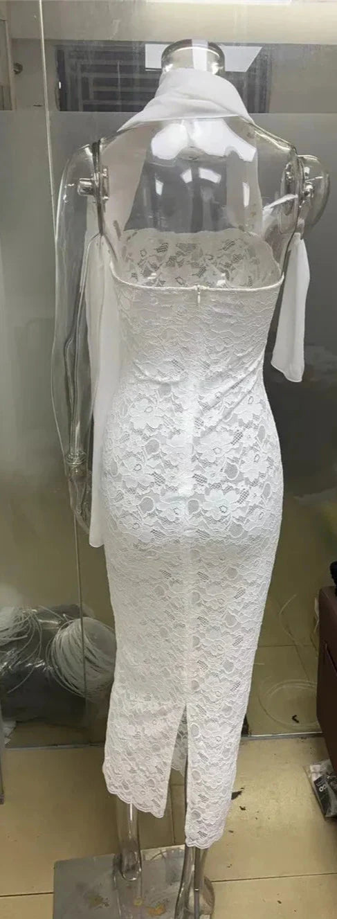 שמלת מקסי סטרפלס תחרה בעיטור צעיף תואם - MOON