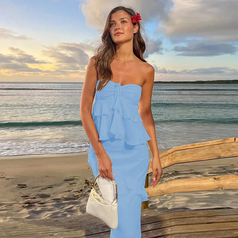 סט שני חלקים טופ סטרפלס וחצאית מקסי בעיטור מלמלה - סאני