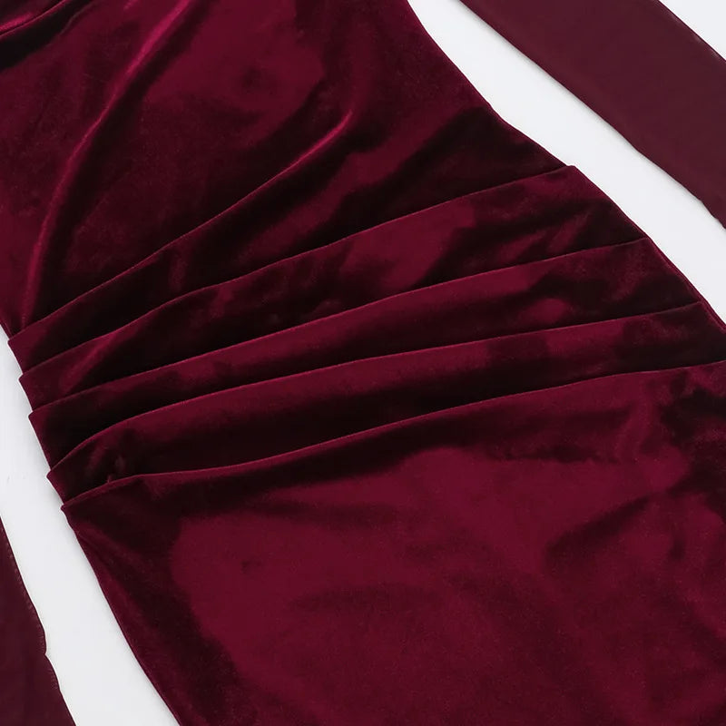 שמלת מידי קטיפה בעיטור קיפולים כתפיים חשופות שרוולי רשת - Johanna