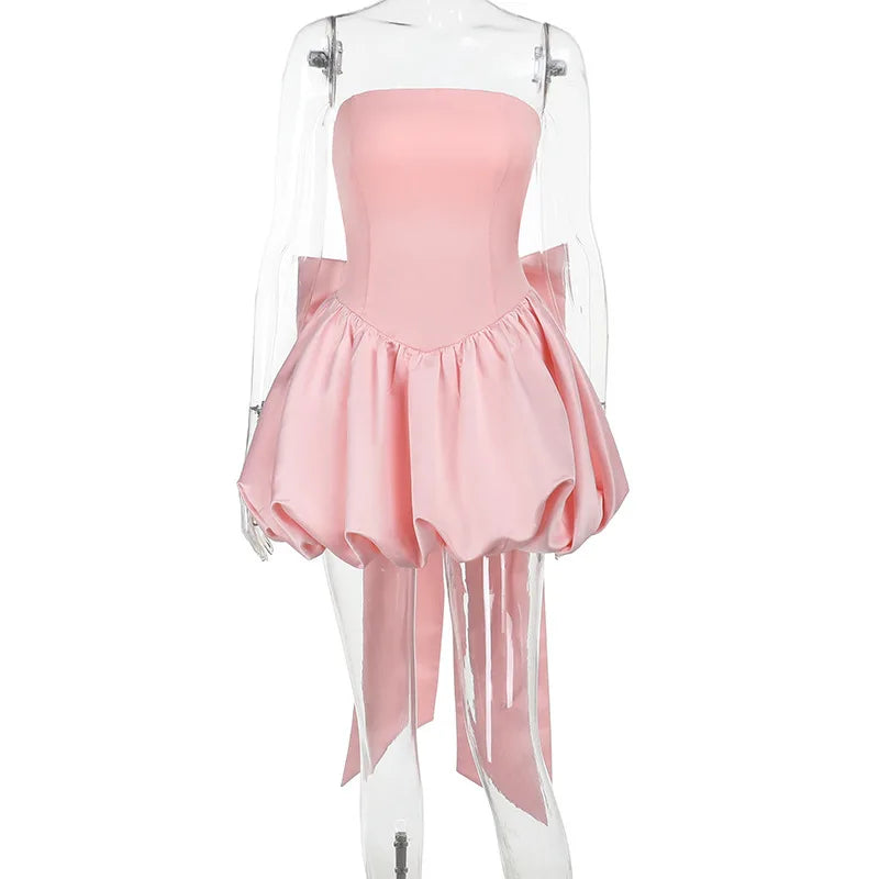 שמלת מיני סטרפלס סאטן בגזרת בלון בעיטור פפיון - נינה