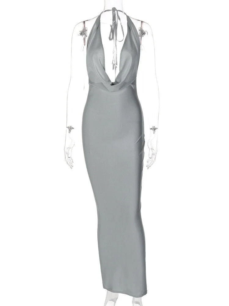 שמלת מקסי סאטן צווארון נופל גב פתוח - HOTIE