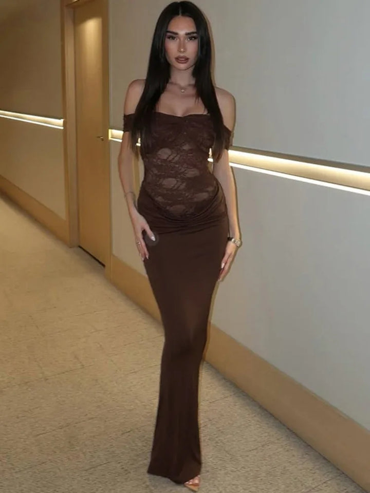 Off-the-shoulder maxi dress with lace design - LINI