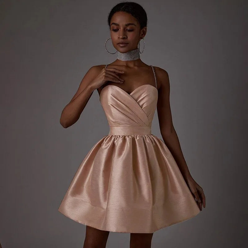 שמלת מיני סאטן בגזרת A כתפיות זרקונים - MIEL