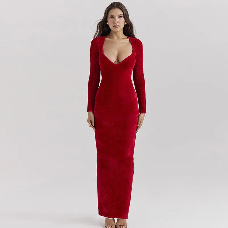 שמלת מקסי קטיפה צמודה - AMOR