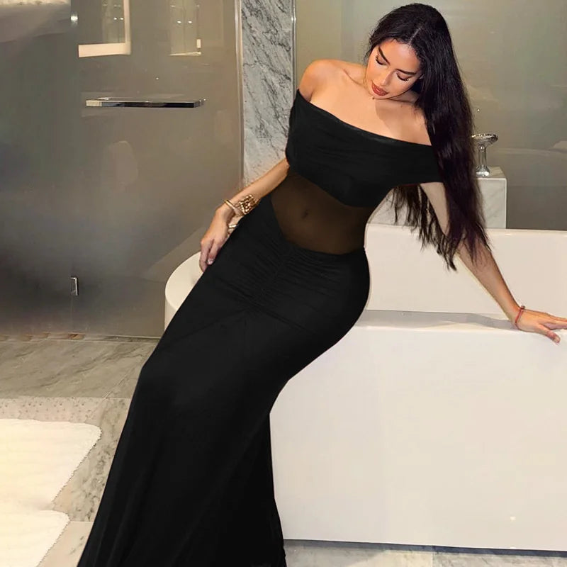 שמלת מקסי כיווצים כתפיים חשופות בעיצוב רשת - רונה