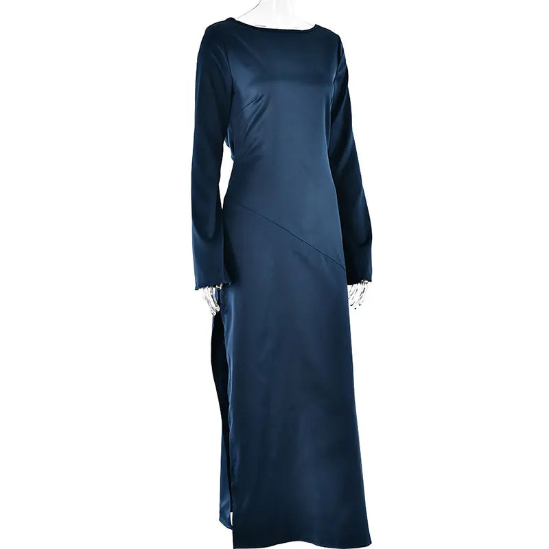 שמלת ערב מקסי סאטן גב פתוח בשילוב שסע ושרוולי פעמון  - מריאן