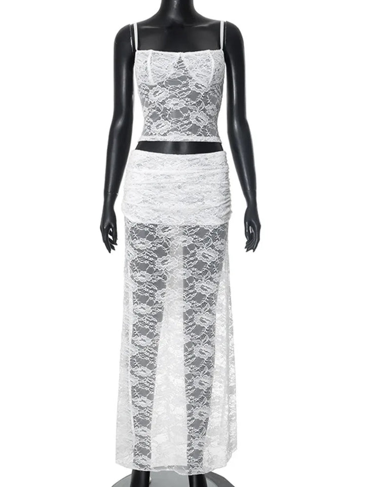 Two-piece lace set, tie-back tank top and maxi skirt - Rachel