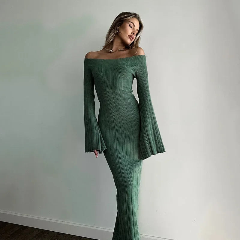 שמלת מקסי סרוגה כתפיים חשופות שרוולי פעמון - סאלין