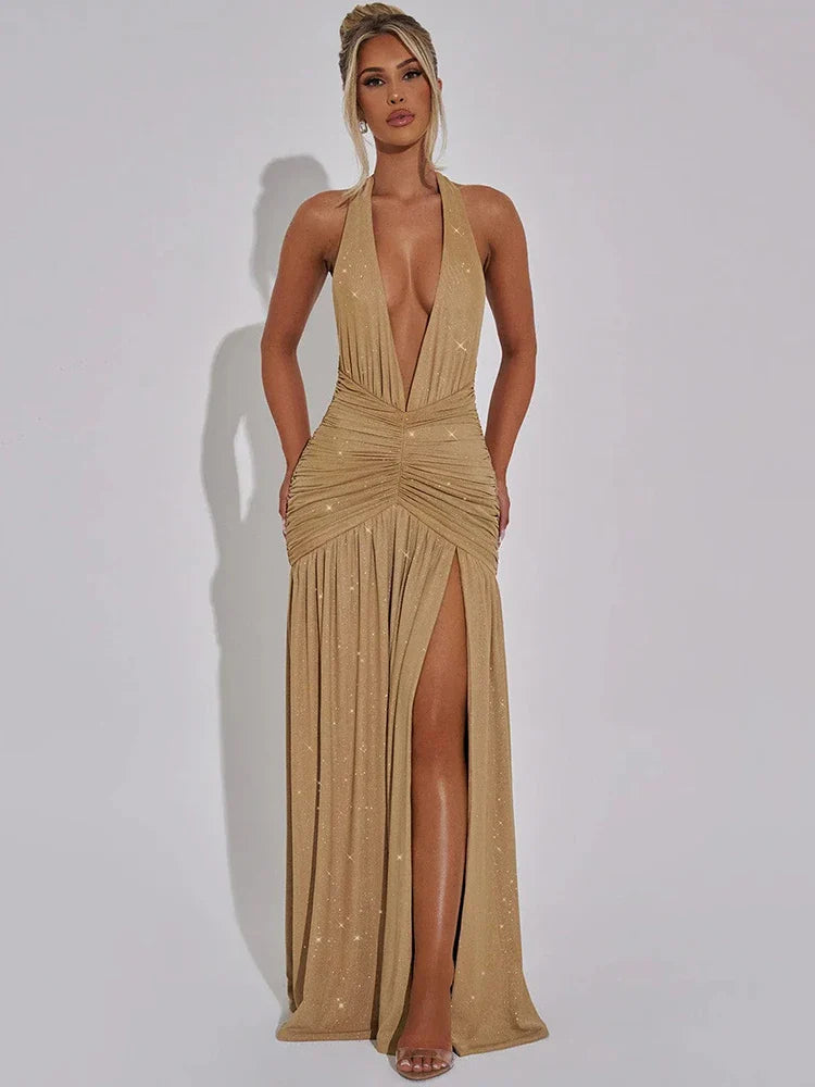 שמלת מקסי נצנצים בעיצוב שסע מחשוף V עמוק גב חשוף קשירה בצוואר - Emery