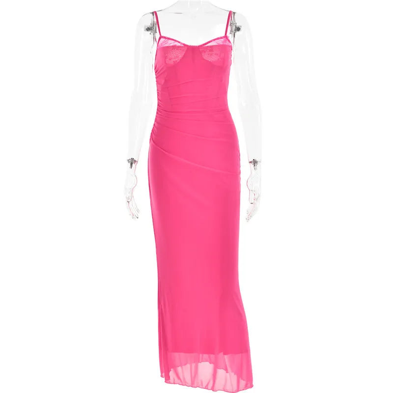 שמלת מקסי שיפון צמודה בעיטור תחרה - רוזליה