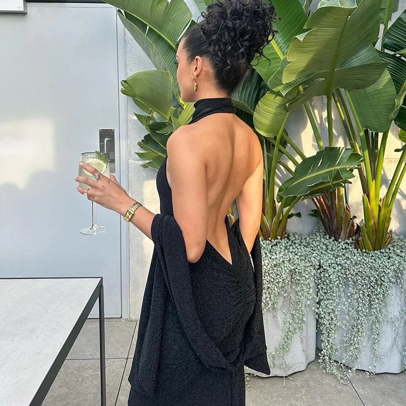 שמלת מקסי נצנצים צמודה בגזרת גולף גב פתוח בעיטור צעיף תואם - מילגרוס