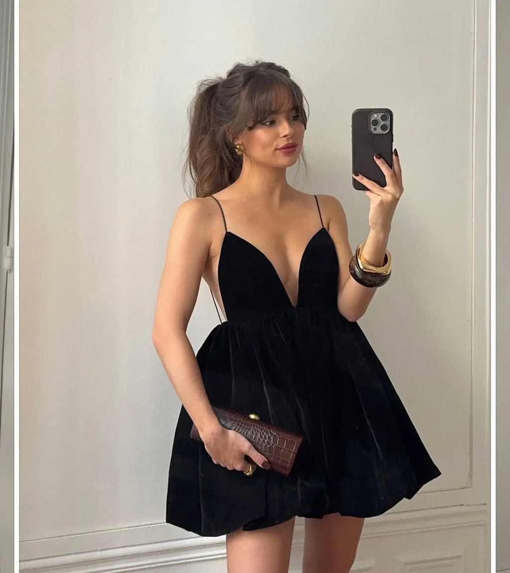 שמלת מיני בלון בד קטיפה גב פתוח - Myla