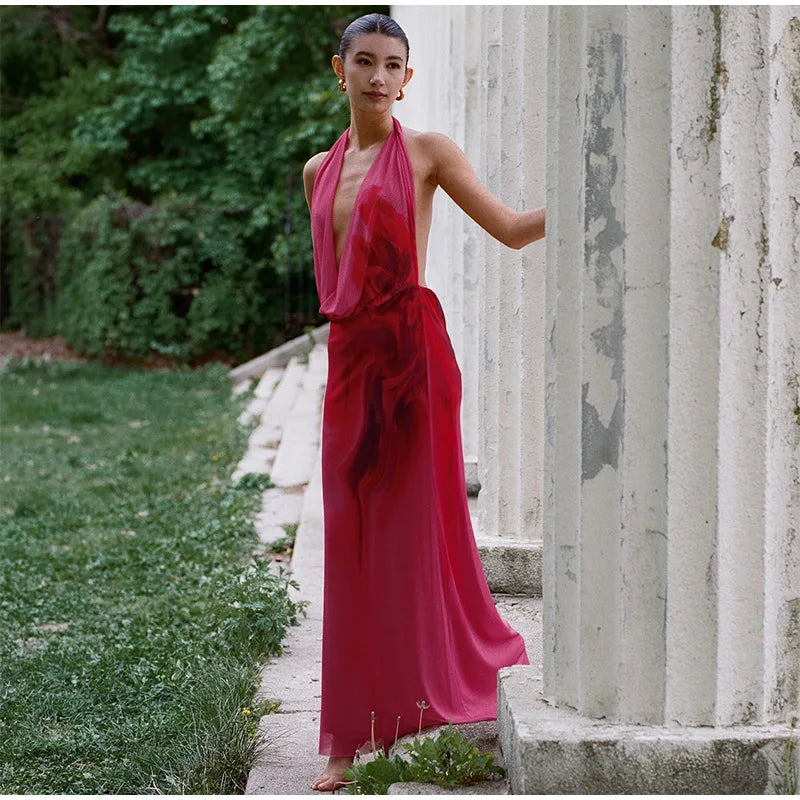 שמלת מקסי מחשוף עמוק צווארון נופל - פולה