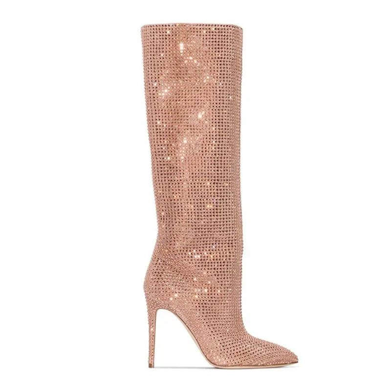 High-heeled pointed-toe boots with glittery rhinestones - Josie