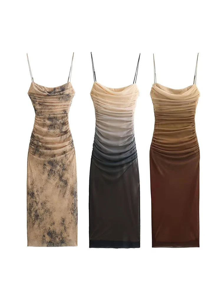 שמלת מקסי שיפון כיווצים כתפיות ספגטי בצבעי אומברה - אוליביה