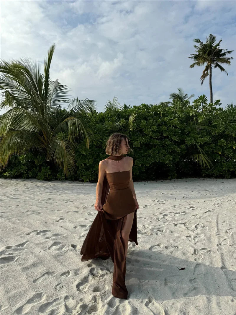 שמלת מקסי סטרפלס חלק תחתון שיפון בעיצוב שסע בעיטור צעיף תואם - Princess