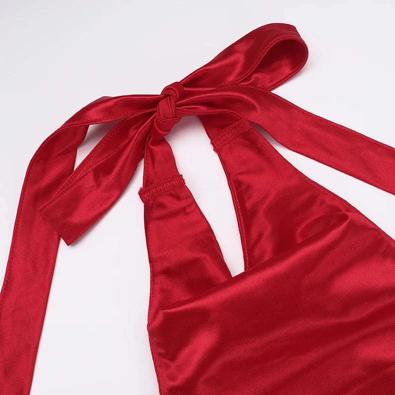 שמלת מקסי סאטן גב פתוח בעיצוב קולר ושסע  - נסטיה