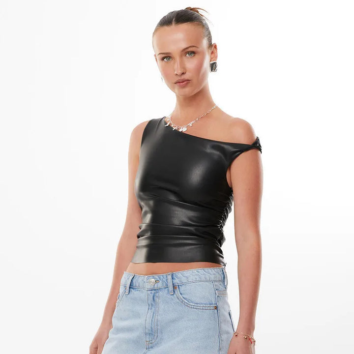 Faux leather top with asymmetrical design - Kami
