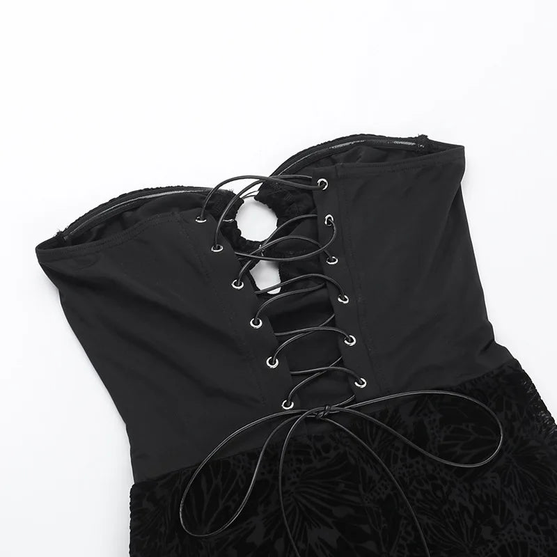 אוברול סטרפלס רשת בעיצוב קטיפה מנומרת בעיטור אבזם חישוק - בלאק לונה