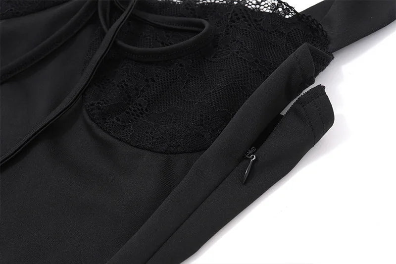 אוברול ארוך בעיטור תחרה בד מחטב גב פתוח  - מיקה