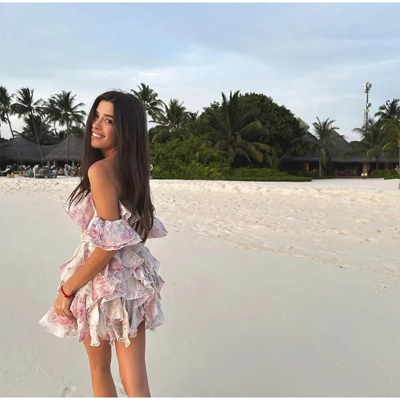 שמלת מיני מלמלה כתפיים חשופות בעיצוב פרחוני - ליסה