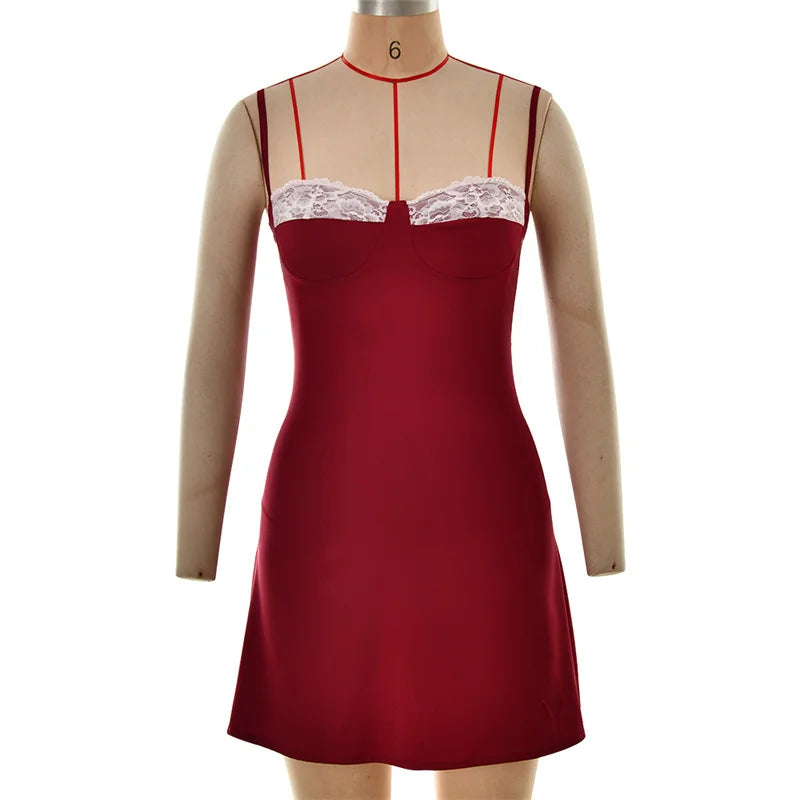 Satin mini dress with lace trim - Karin