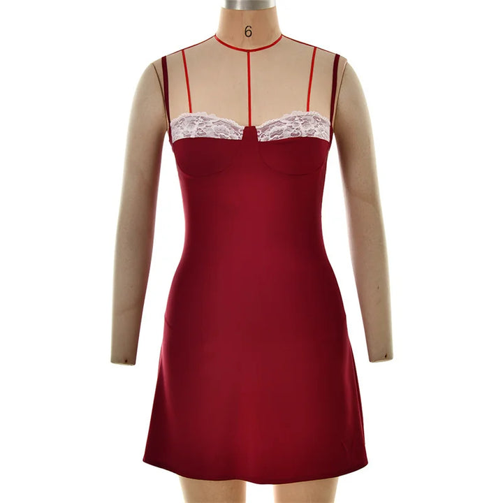Satin mini dress with lace trim - Karin