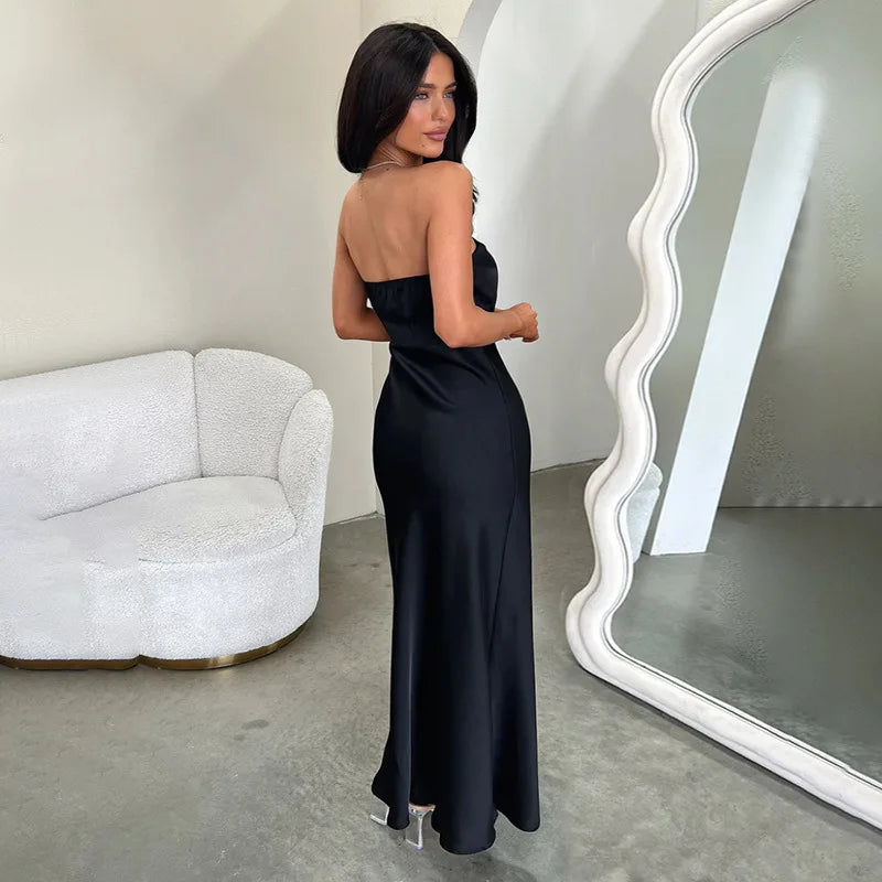 שמלת מקסי סטרפלס סאטן בעיצוב קיפולים - רוזה