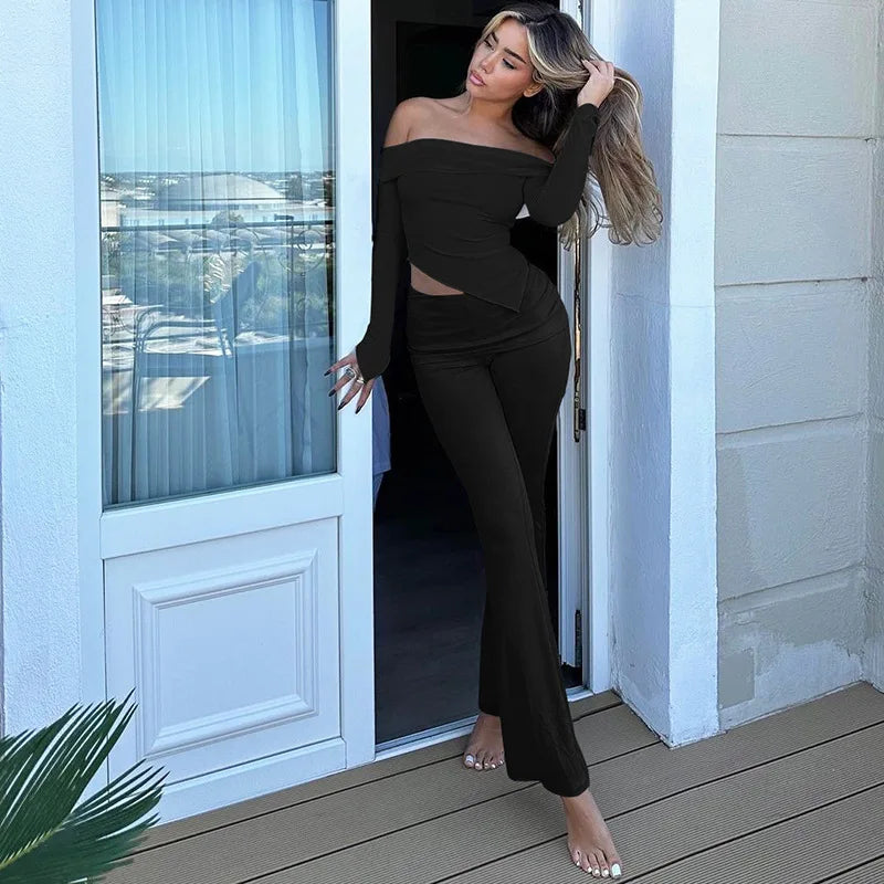 חליפת שני חלקים סרוגה חולצת כתפיים חשופות בגזרה אסימטרית ומכנסיים ארוכים - ROZIE