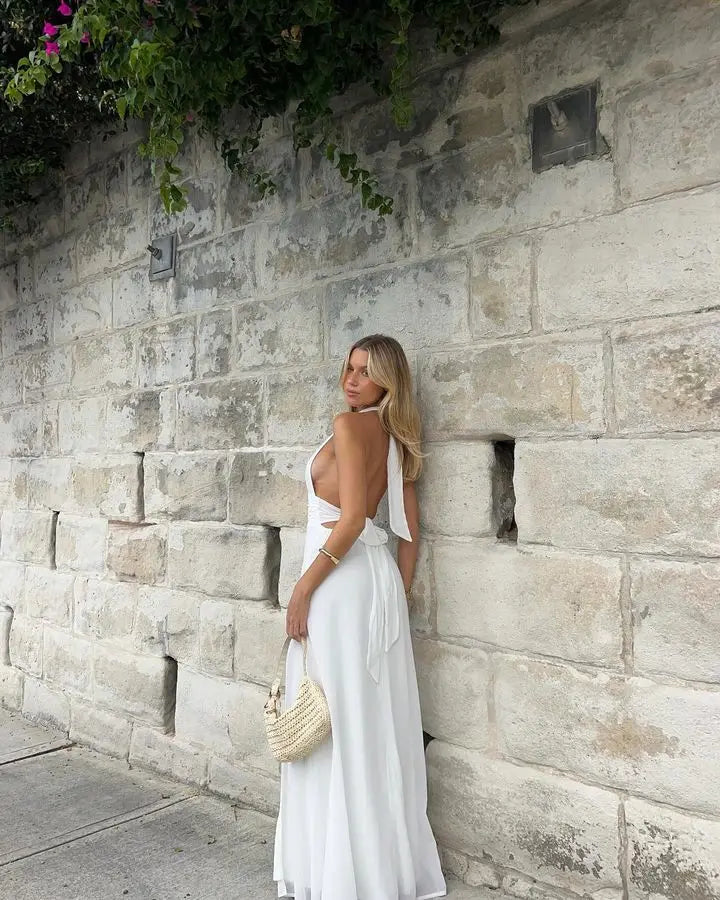 שמלת מקסי מחשוף V שסע עמוק קשירה בגב פתוח - לריאן