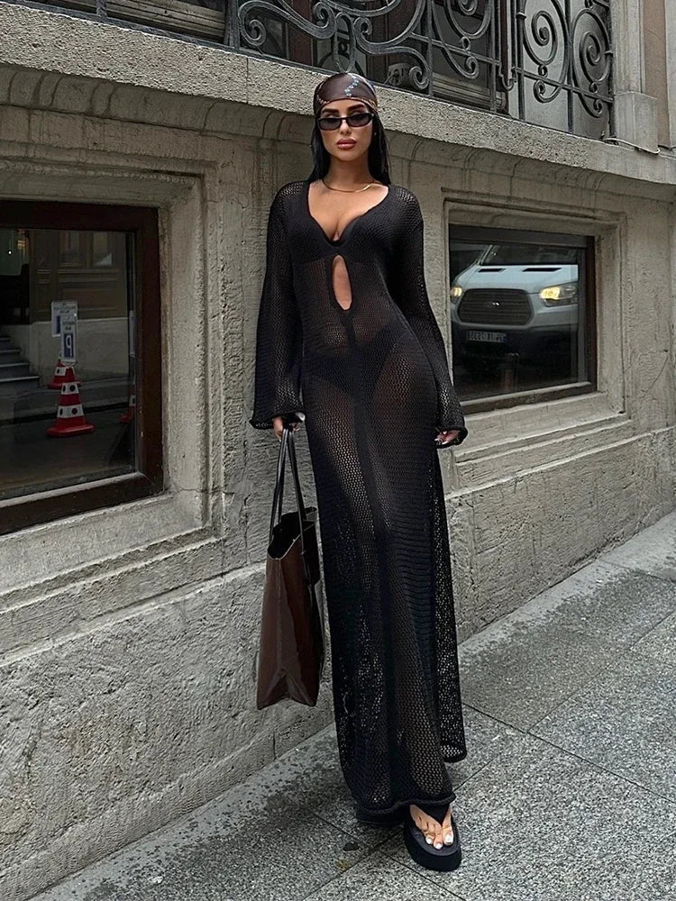 שמלת חוף מקסי רשת בעיצוב פתח - דונה