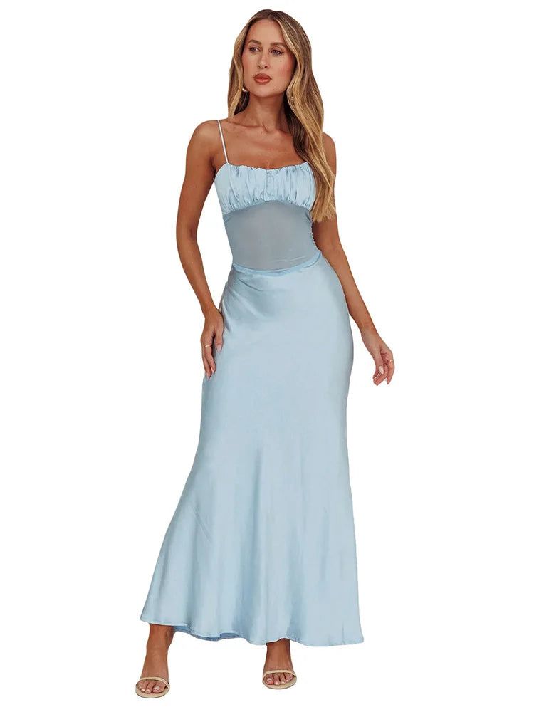 שמלת מקסי סאטן בעיטור רשת וצעיף תואם - סלסטה