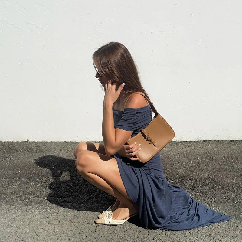 שמלת מקסי סרוגה כיווצים אלגנטית כתפיים חשופות - אלינור