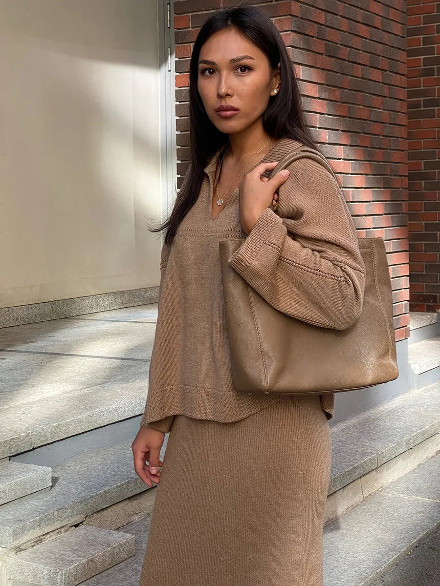 חליפת שני חלקים loose סרוגה חצאית מקסי וחולצה - שילב