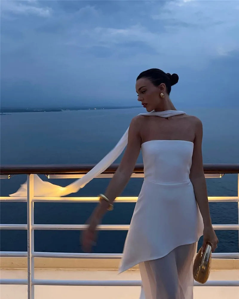 שמלת מקסי סטרפלס חלק תחתון שיפון בעיצוב שסע בעיטור צעיף תואם - Princess