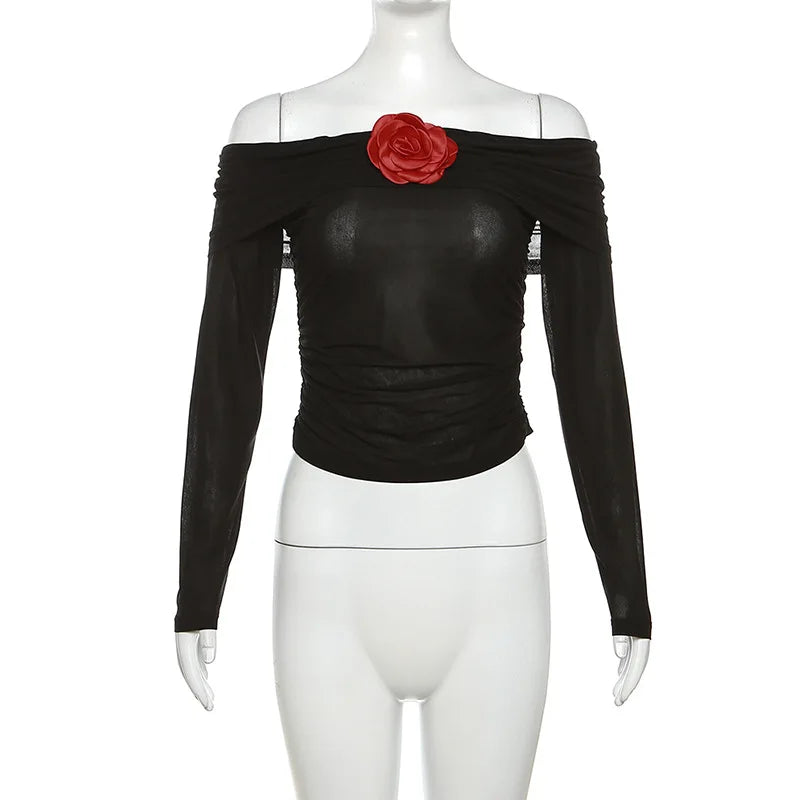 חולצה שקופה כתפיים חשופות בעיטור פרח - חסמין