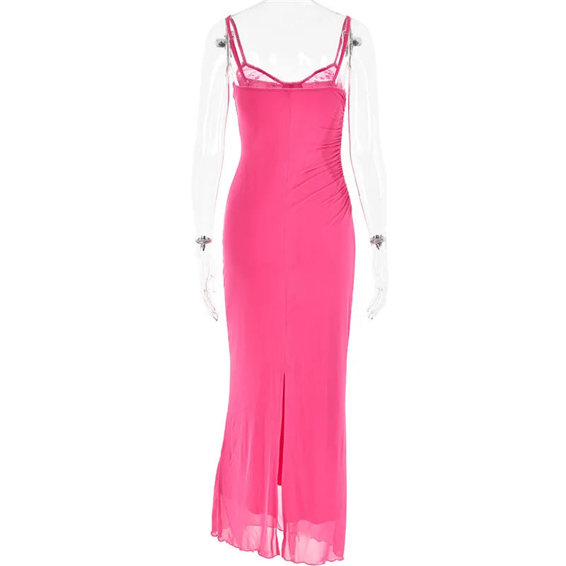 שמלת מקסי שיפון צמודה בעיטור תחרה - רוזליה