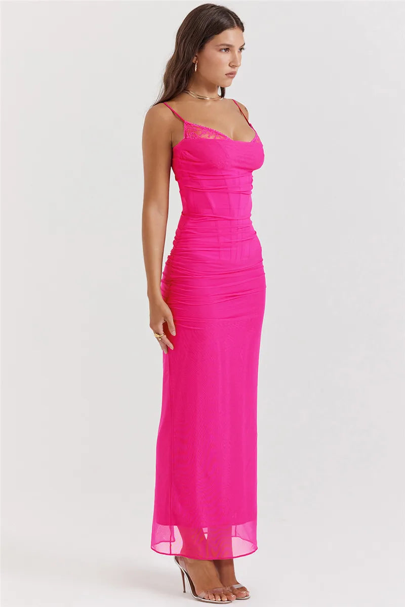 שמלת מקסי שיפון צמודה בעיטור תחרה - רוזליה