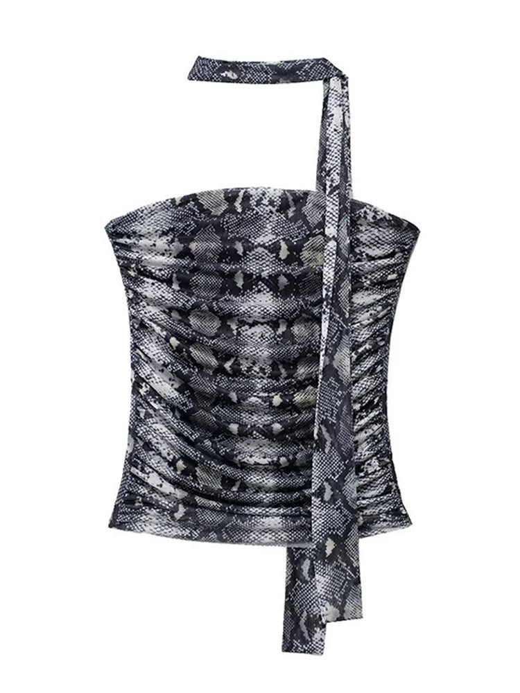 סט שיפון שני חלקים טופ סטרפלס וחצאית מידי בעיטור צעיף תואם - לירי