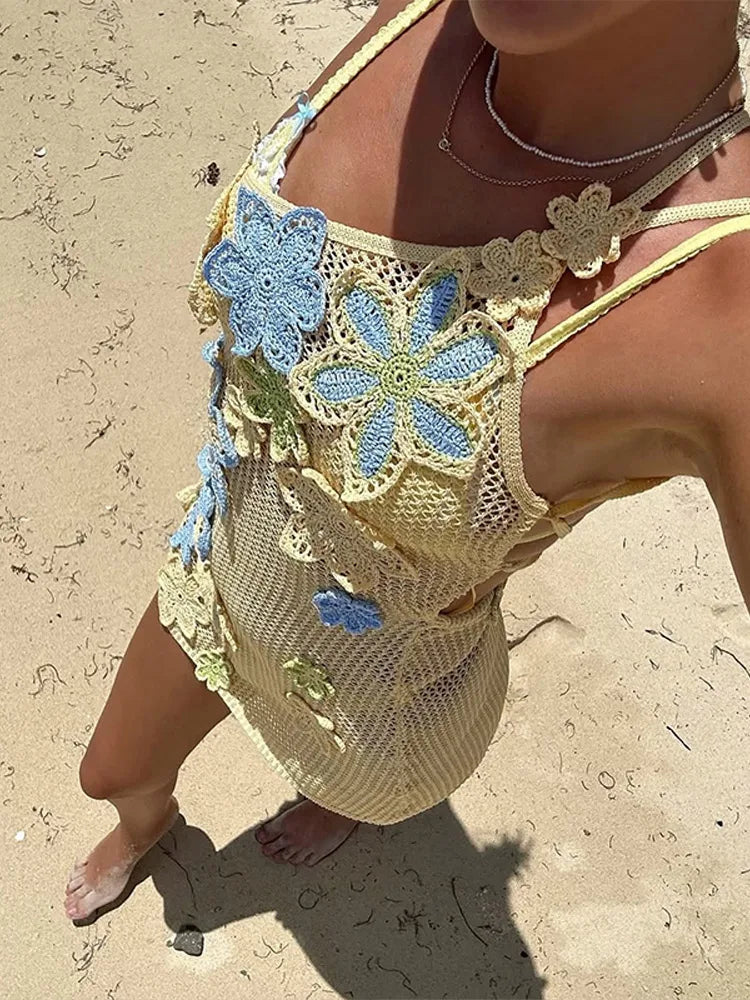 שמלת חוף רשת סרוגה / סט חוף שני חלקים טופ וחצאית מקסי רשת סרוגה בעיטור אפליקציות פרחים - סאנשיין