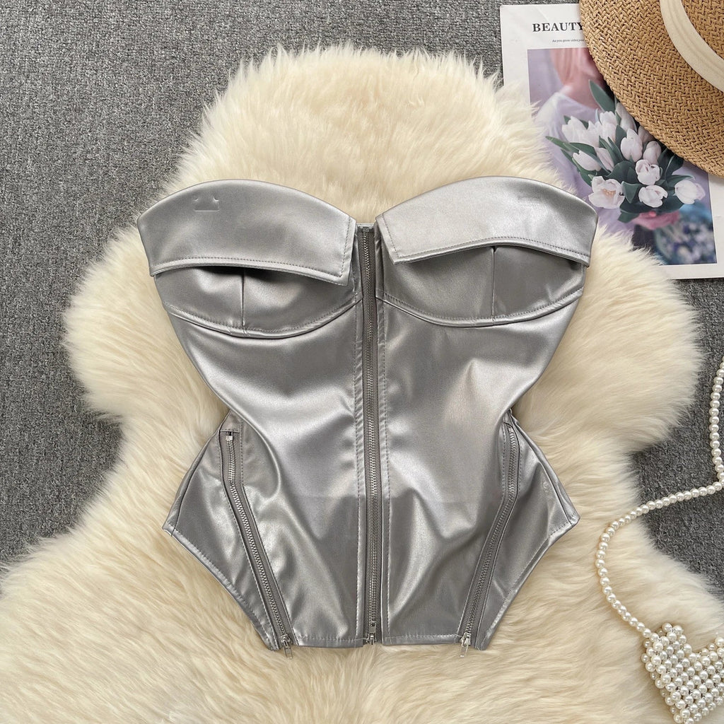 מחוך סטרפלס דמוי עור סגירת רוכסן קדמי - Carter