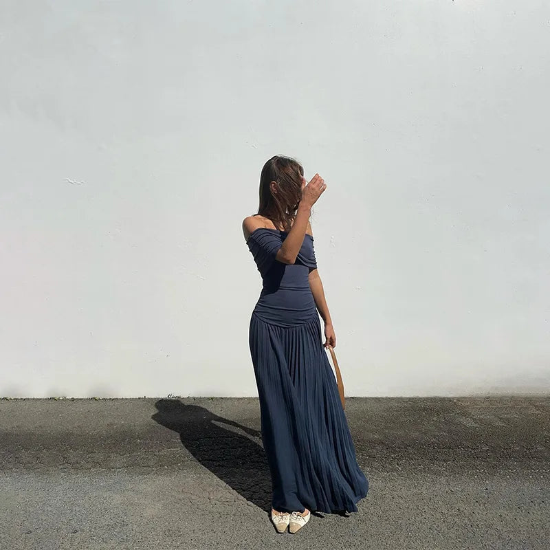 שמלת מקסי סרוגה כיווצים אלגנטית כתפיים חשופות - אלינור