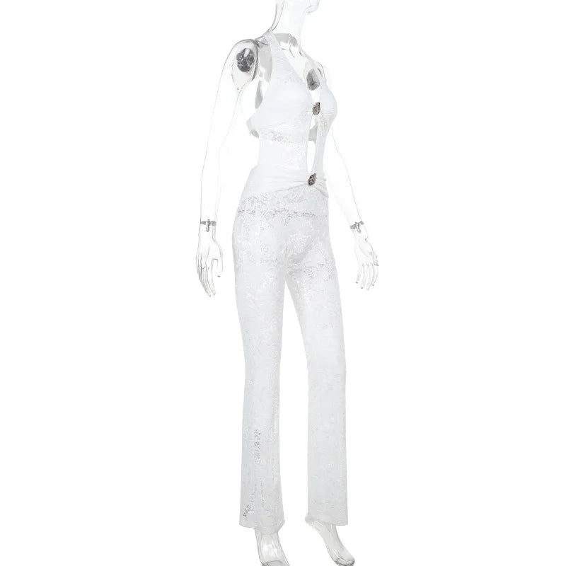 אוברול תחרה מכנסיים ארוכים בעיצוב גב פתוח בעיטור אבזמים - ברייטון