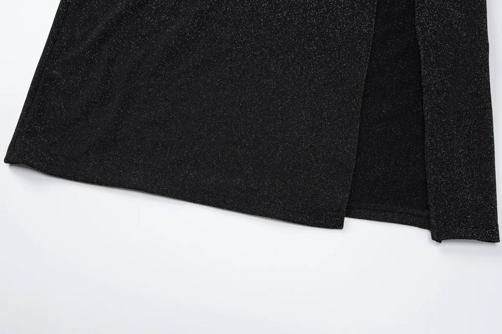 שמלת מקסי נצנצים צווארון חצי גולף בעיצוב כיווצים ושסע קצר - Hazel