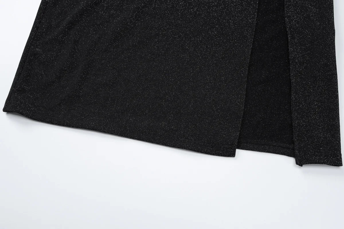 שמלת מקסי נצנצים צווארון חצי גולף בעיצוב כיווצים ושסע קצר - Hazel