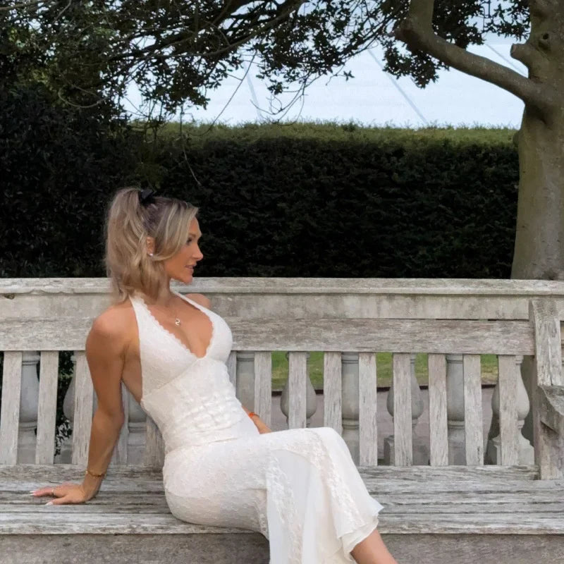 שמלת מקסי תחרה קשירה בצוואר גב פתוח - וונילה